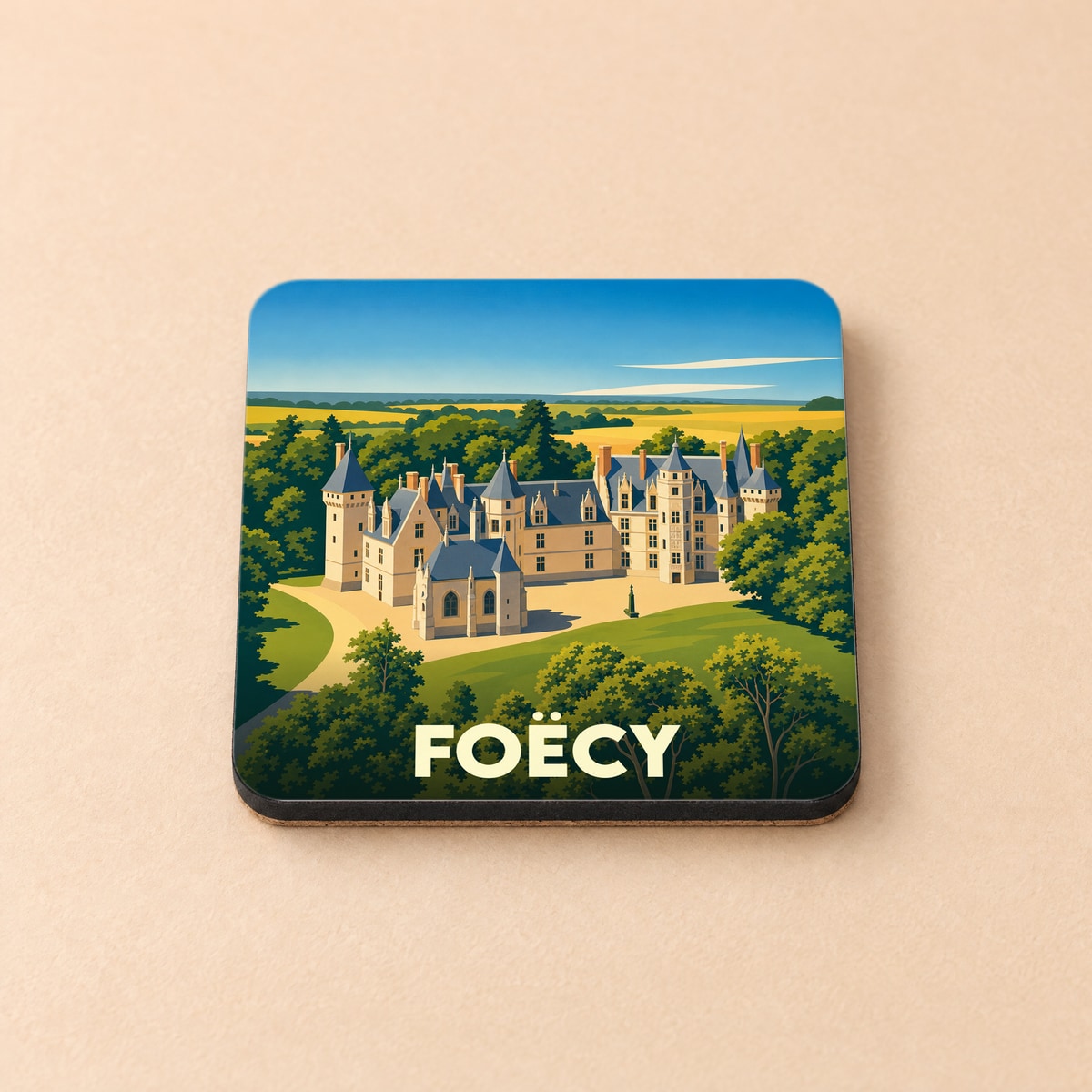 Dessous de verre souvenir de la ville de Foëcy avec une illustration stylisée de son château.