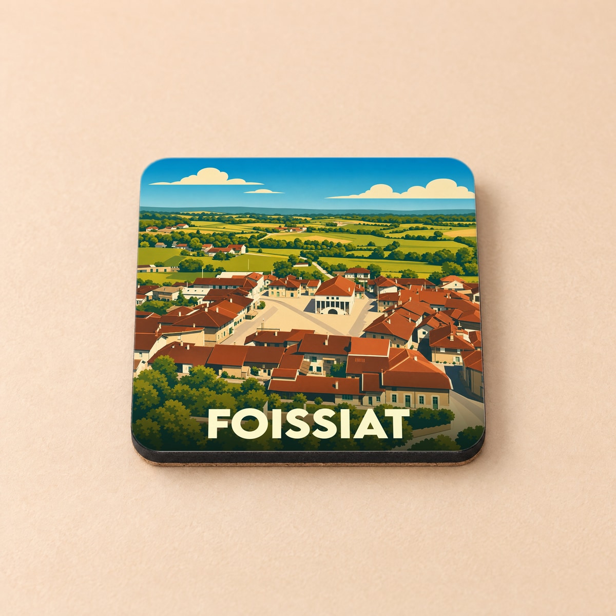 Dessous de verre souvenir de la ville de Foissiat avec une illustration stylisée.