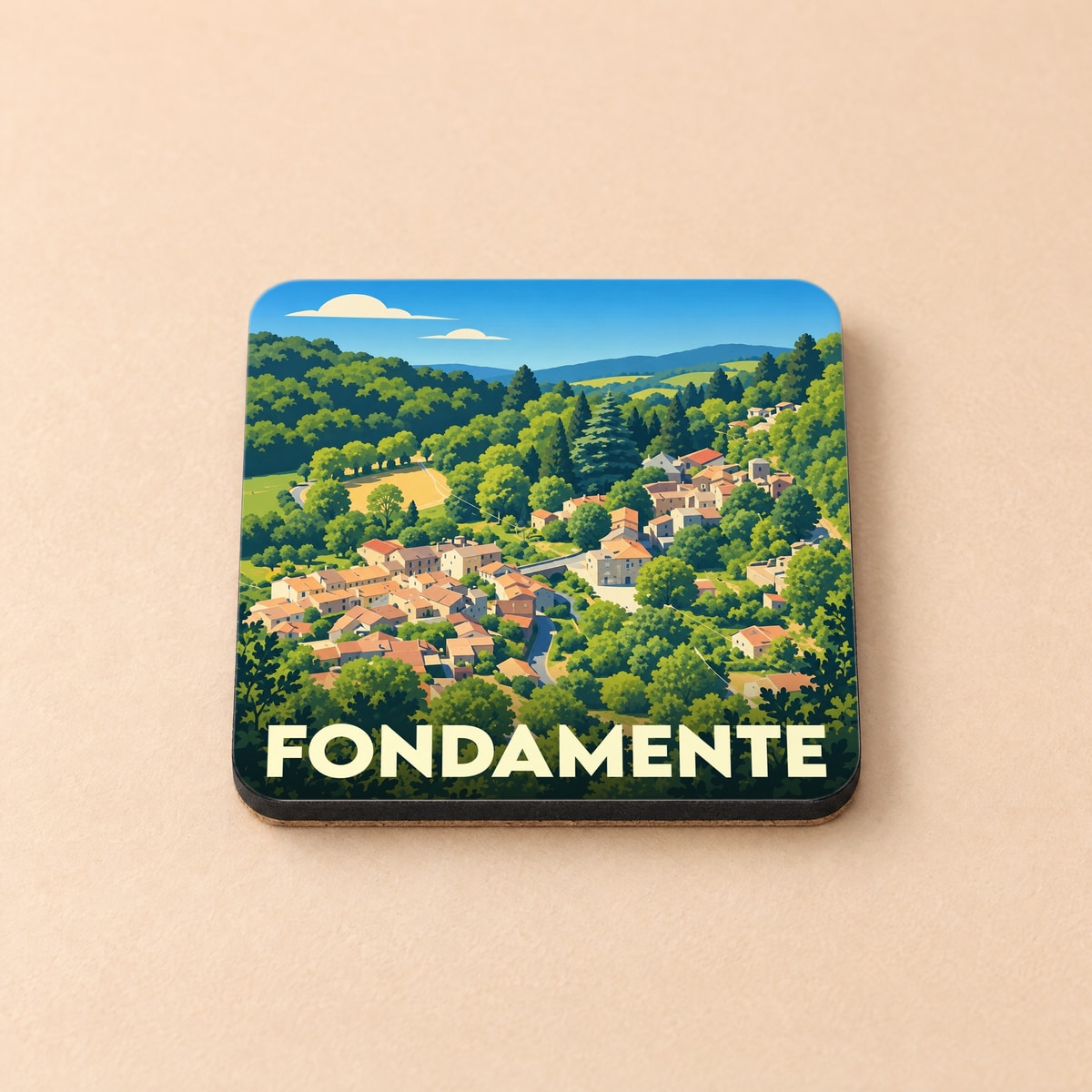 Dessous de verre souvenir de la ville de Fondamente avec une illustration stylisée de son paysage vallonné.