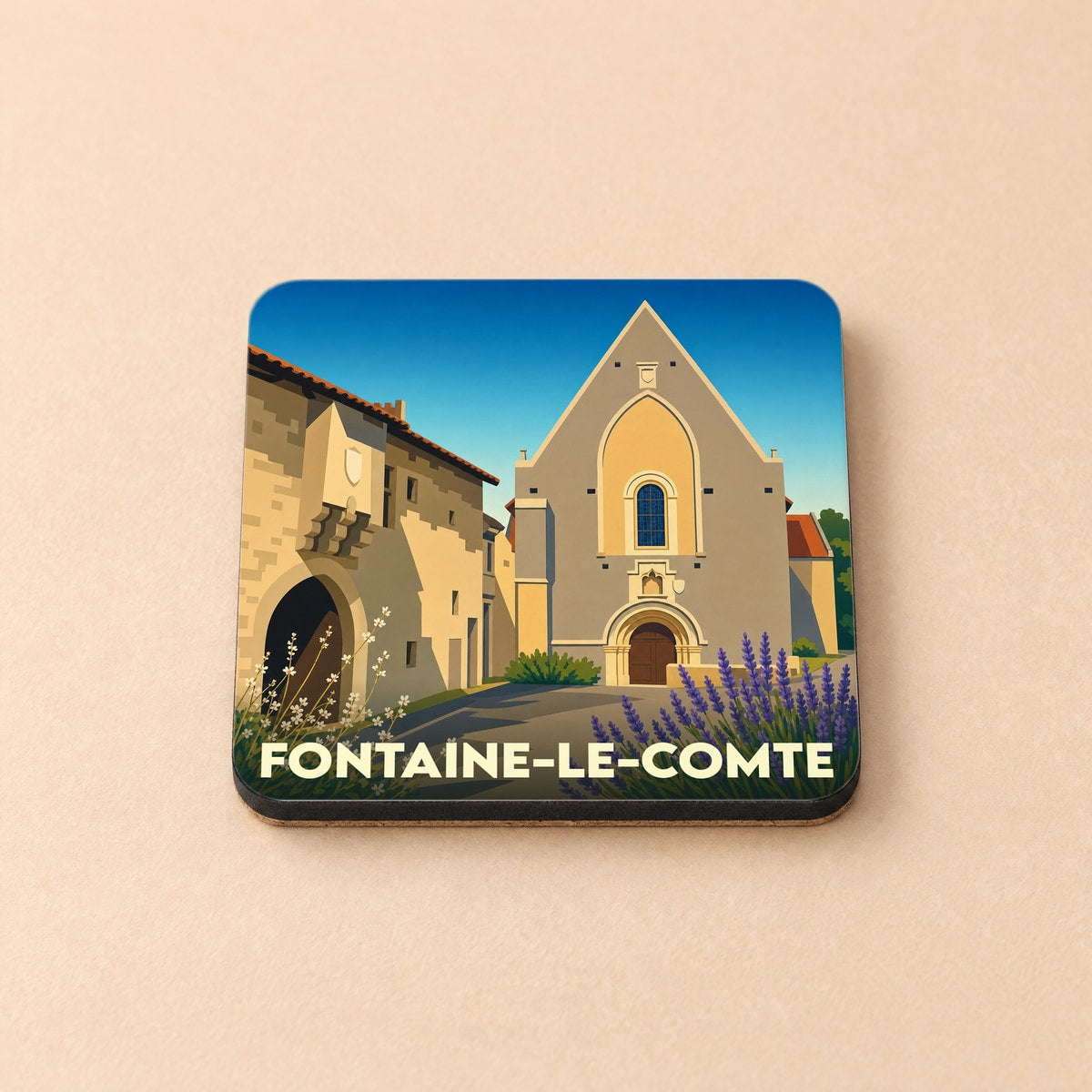 Dessous de verre souvenir de la ville de Fontaine-le-Comte avec une illustration stylisée.