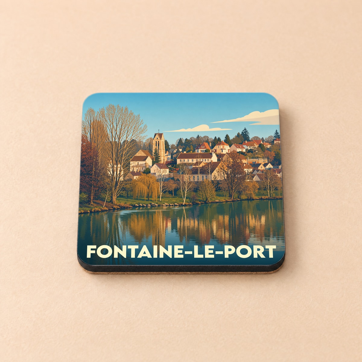 Dessous de verre souvenir de la ville de Fontaine-le-Port avec une illustration stylisée des bords de Seine.