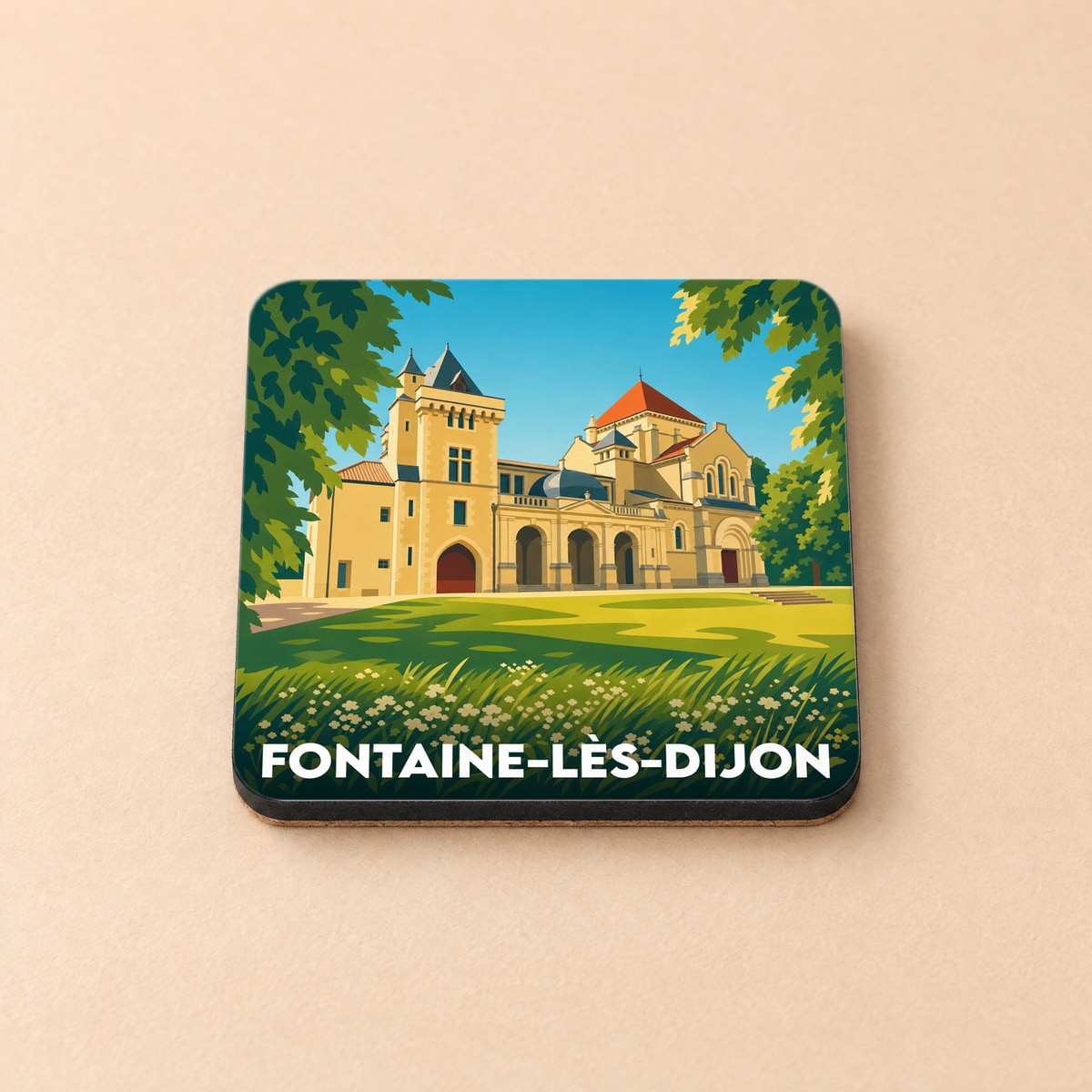 Dessous de verre souvenir de la ville de Fontaine-lès-Dijon illustrant un château stylisé entouré de verdure.