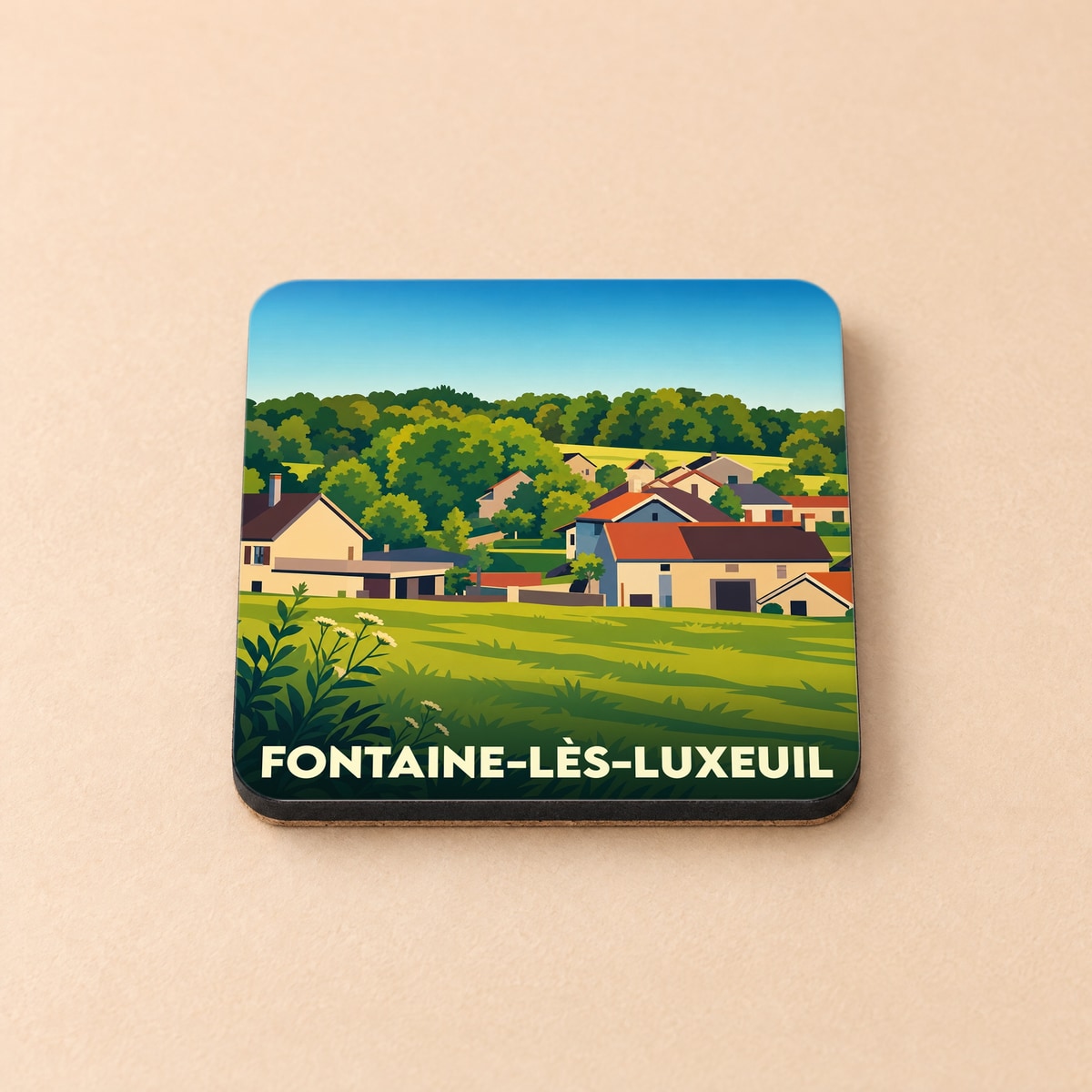 Dessous de verre souvenir de la ville de Fontaine-lès-Luxeuil avec une illustration champêtre stylisée.