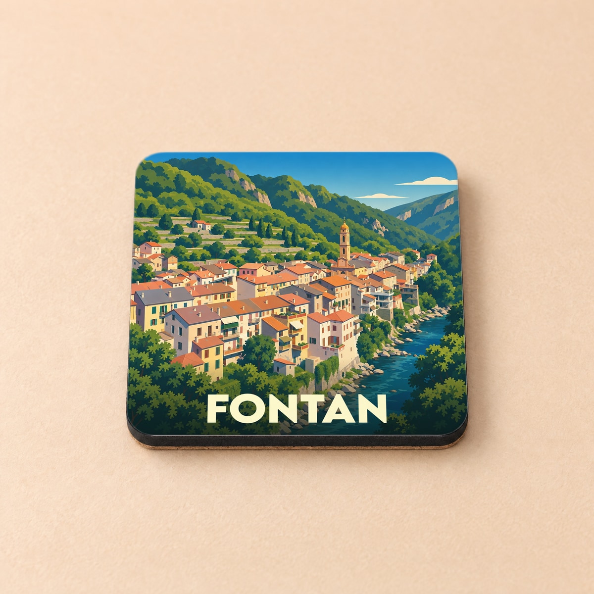Dessous de verre souvenir de la ville de Fontan avec une illustration stylisée de ses maisons colorées et de sa rivière.