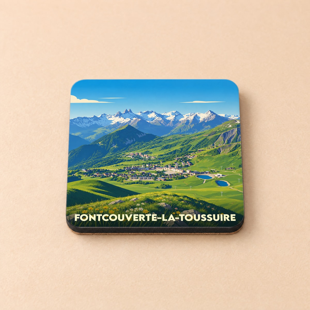 Dessous de verre souvenir de Fontcouverte-la-Toussuire orné d'une illustration panoramique des Alpes.