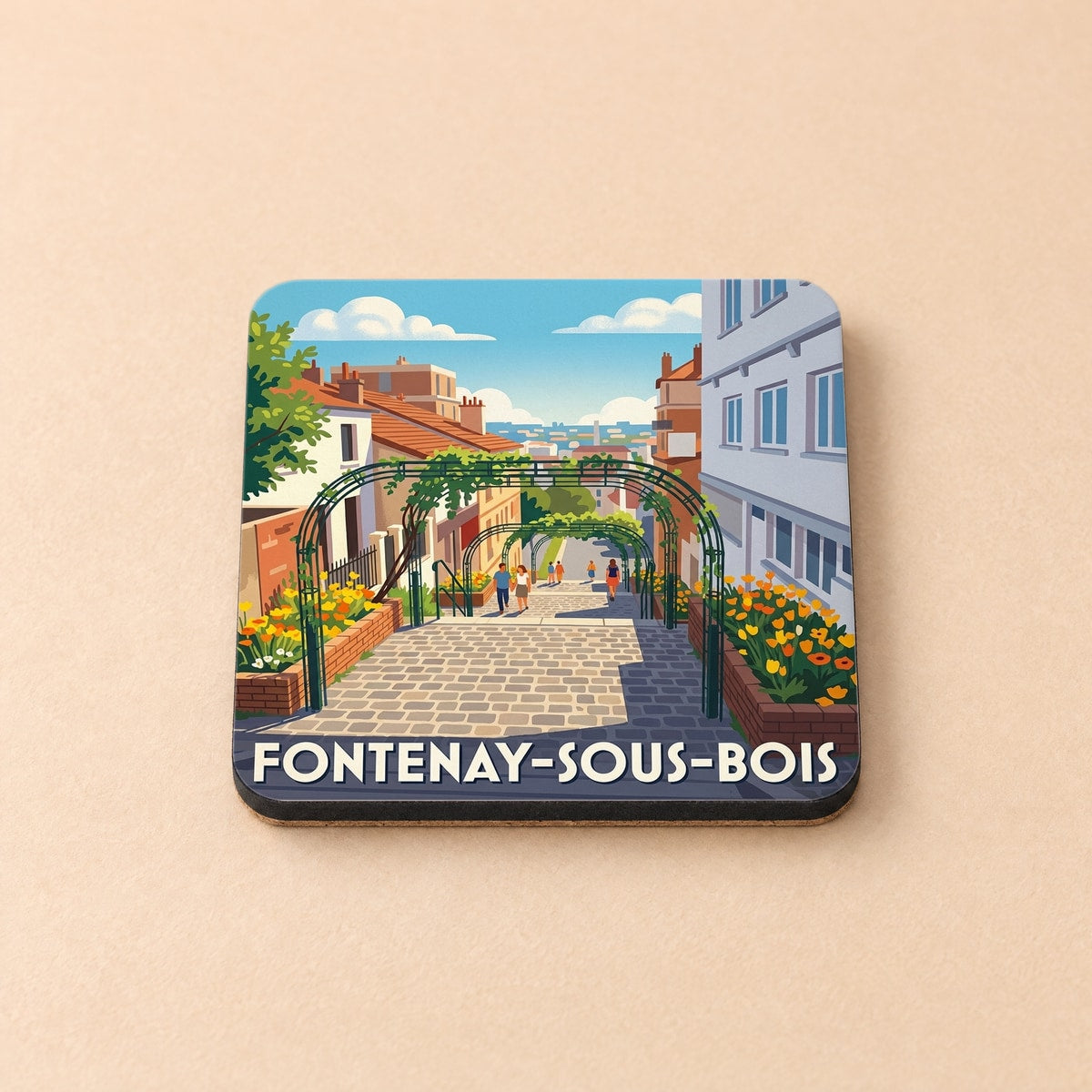 Dessous de verre souvenir de la ville de Fontenay-sous-Bois avec une illustration stylisée d'un escalier fleuri sous des arches.