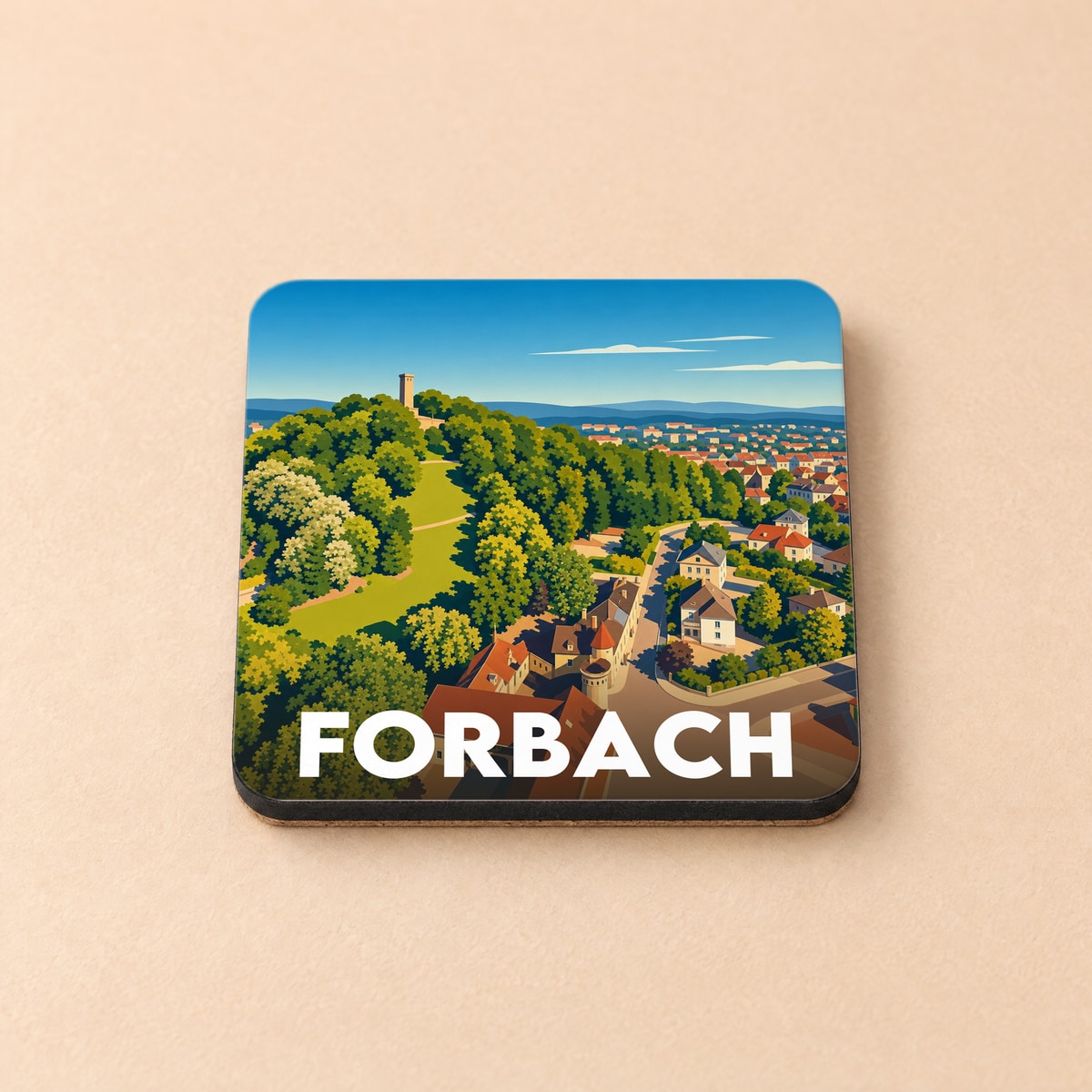 Dessous de verre souvenir de la ville de Forbach avec une illustration stylisée.