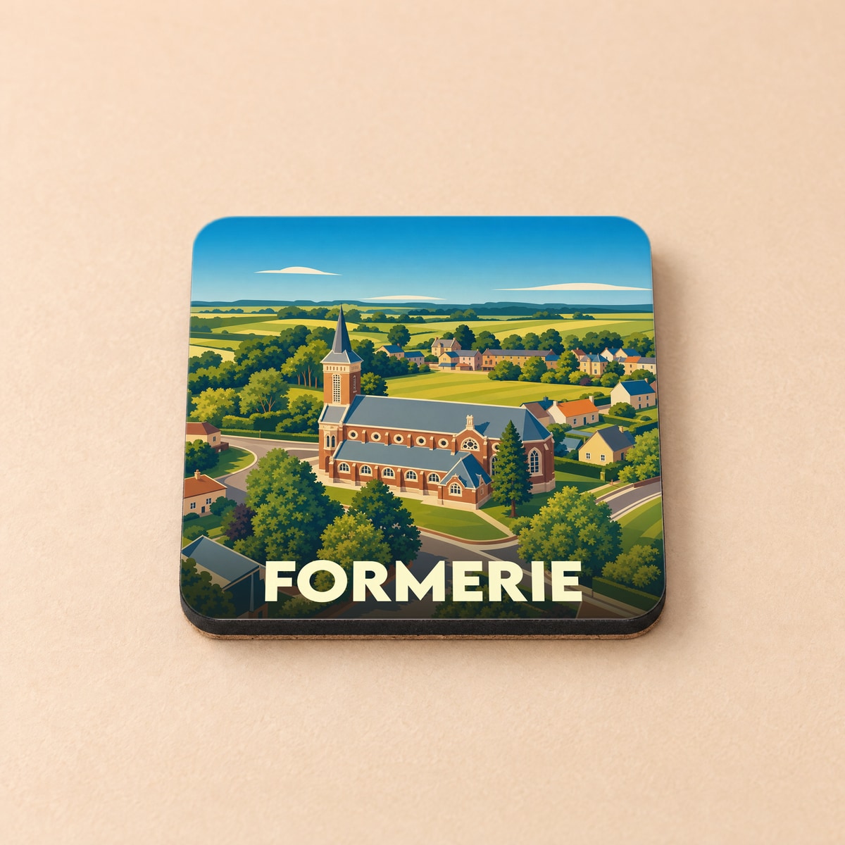 Dessous de verre souvenir de la ville de Formerie avec une illustration stylisée de son église et du paysage environnant.