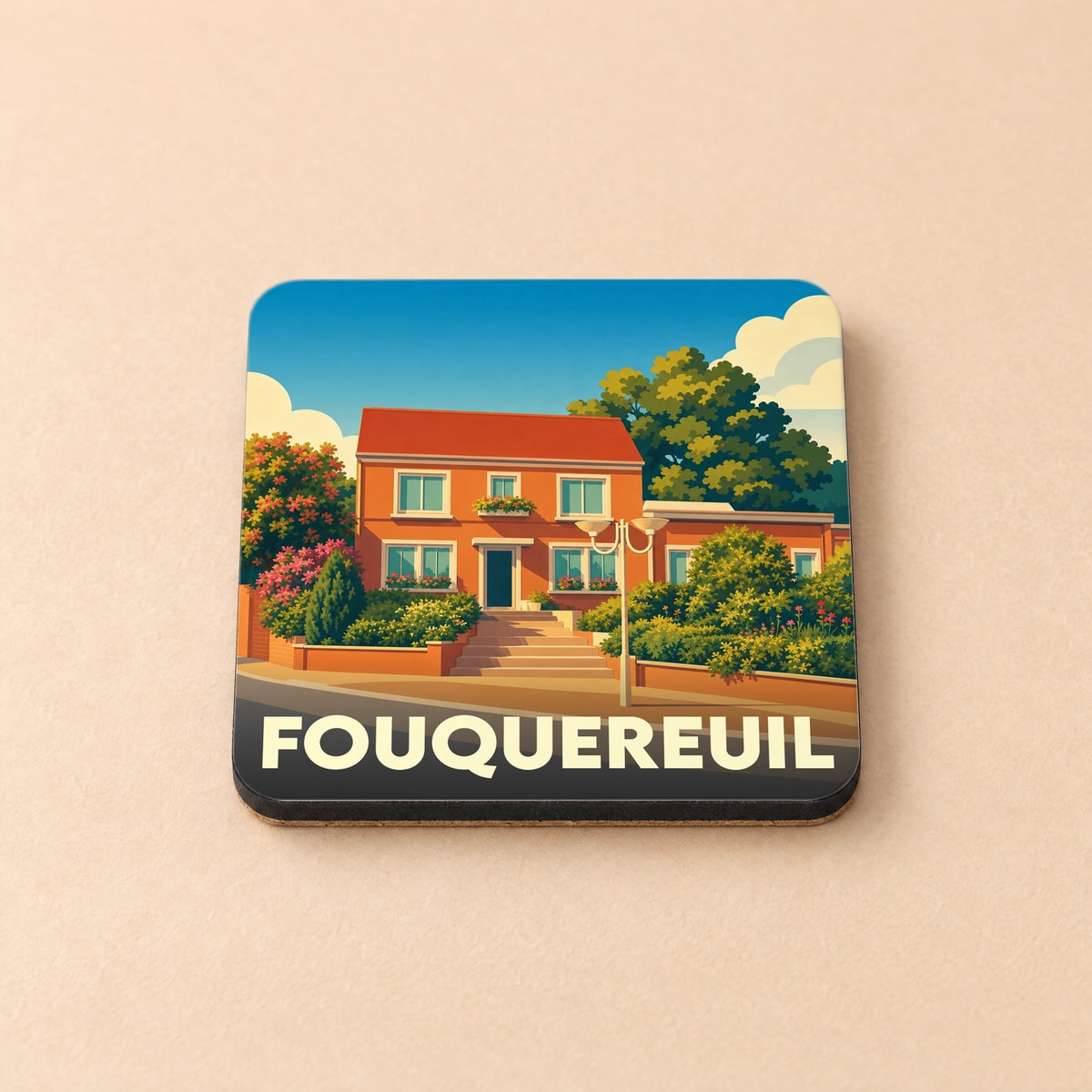 Dessous de verre souvenir de la ville de Fouquereuil avec une illustration stylisée d'une maison fleurie.
