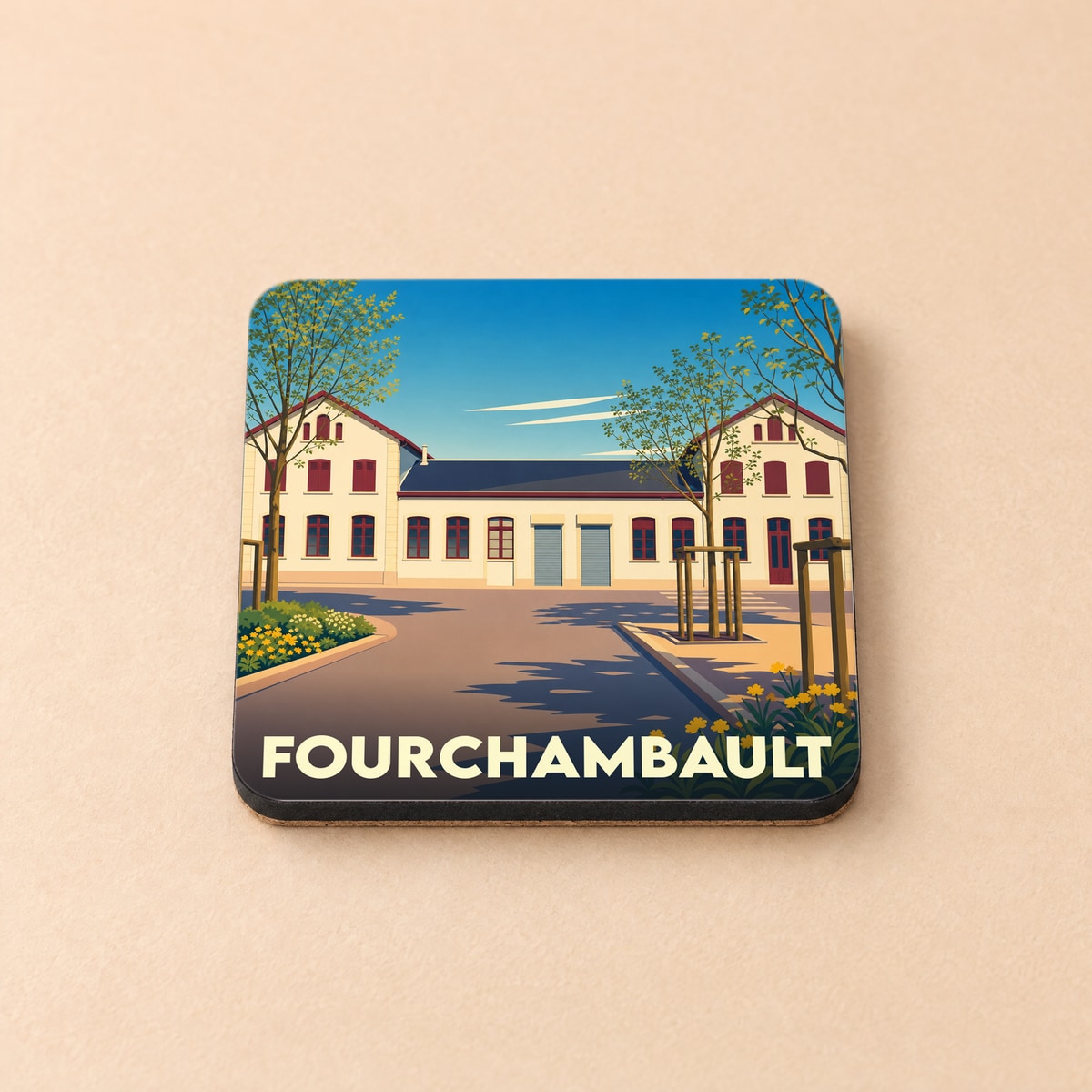 Dessous de verre souvenir de la ville de Fourchambault avec une illustration stylisée de bâtiments locaux.
