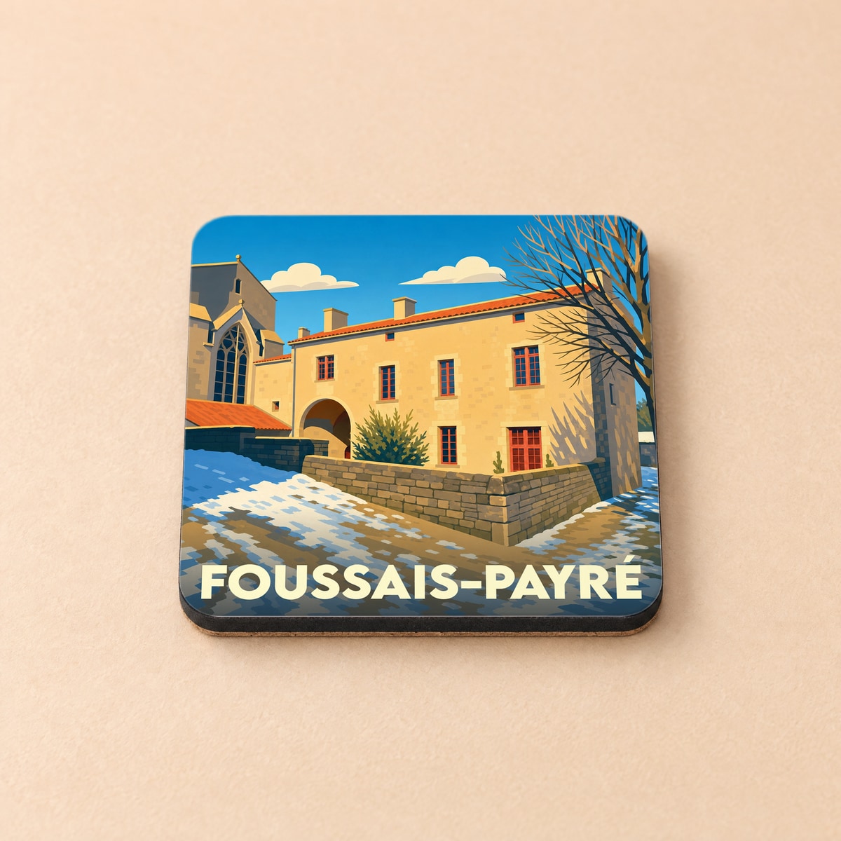 Dessous de verre souvenir de la ville de Foussais-Payré avec une illustration stylisée d'un bâtiment historique.