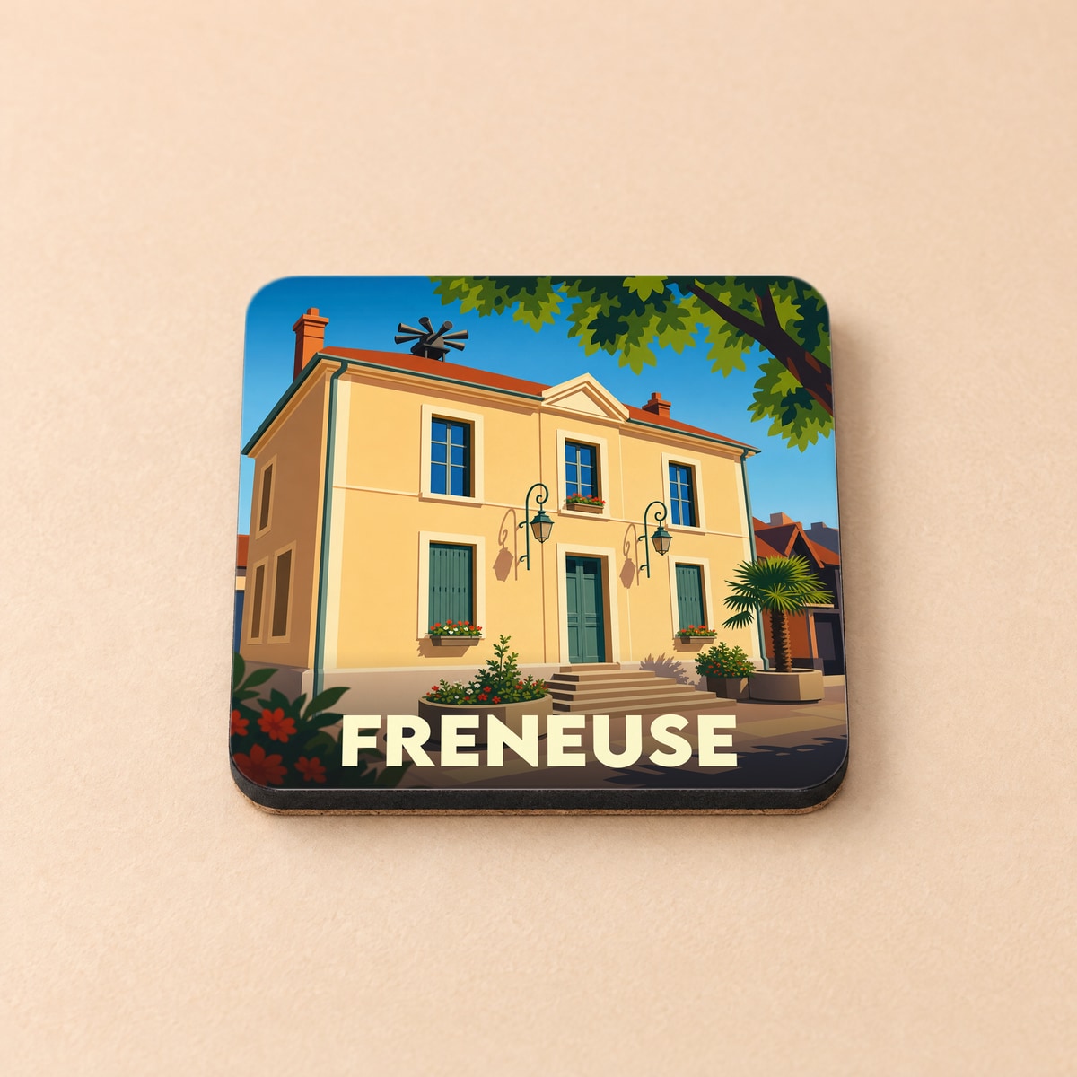 Dessous de verre souvenir de la ville de Freneuse avec une illustration stylisée d'une maison traditionnelle.