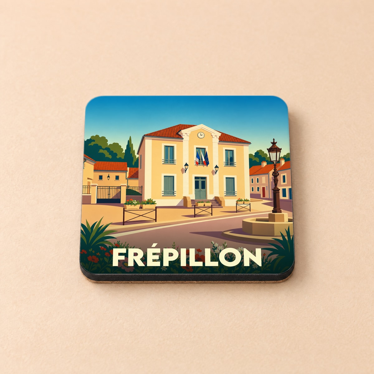 Dessous de verre souvenir de la ville de Frépillon avec une illustration stylisée de sa mairie.