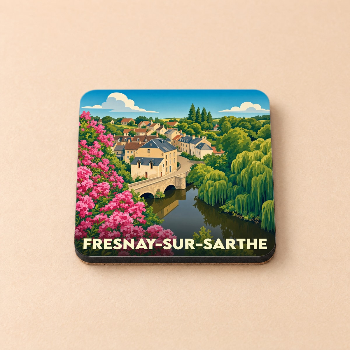 Dessous de verre souvenir de la ville de Fresnay-sur-Sarthe avec une illustration stylisée d'un pont et d'une rivière.