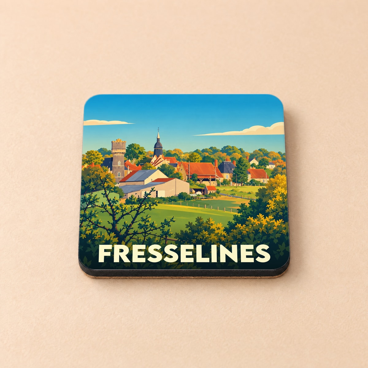 Dessous de verre souvenir de la ville de Fresselines illustré d'un paysage de campagne stylisé.