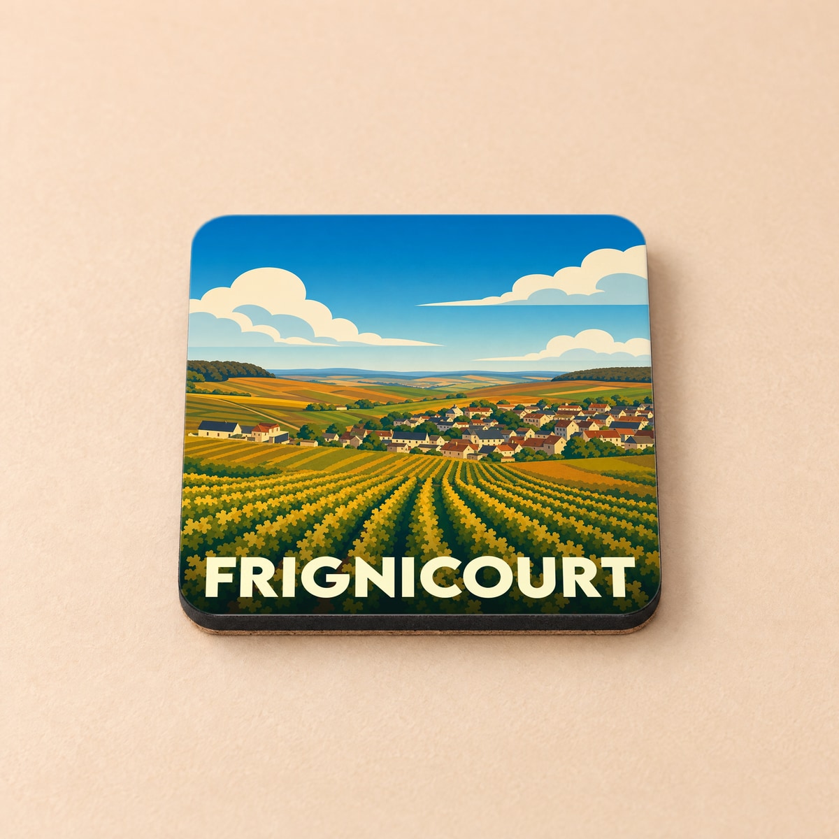 Dessous de verre souvenir de la ville de Frignicourt illustrant un paysage rural stylisé.