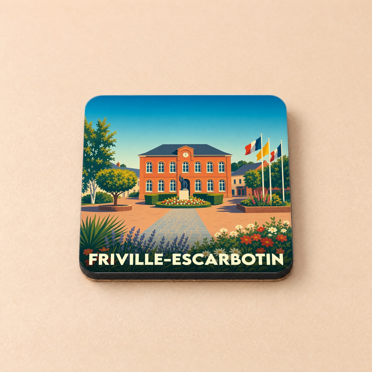 Dessous de verre souvenir de la ville de Friville-Escarbotin avec une illustration colorée et stylisée de l'hôtel de ville.