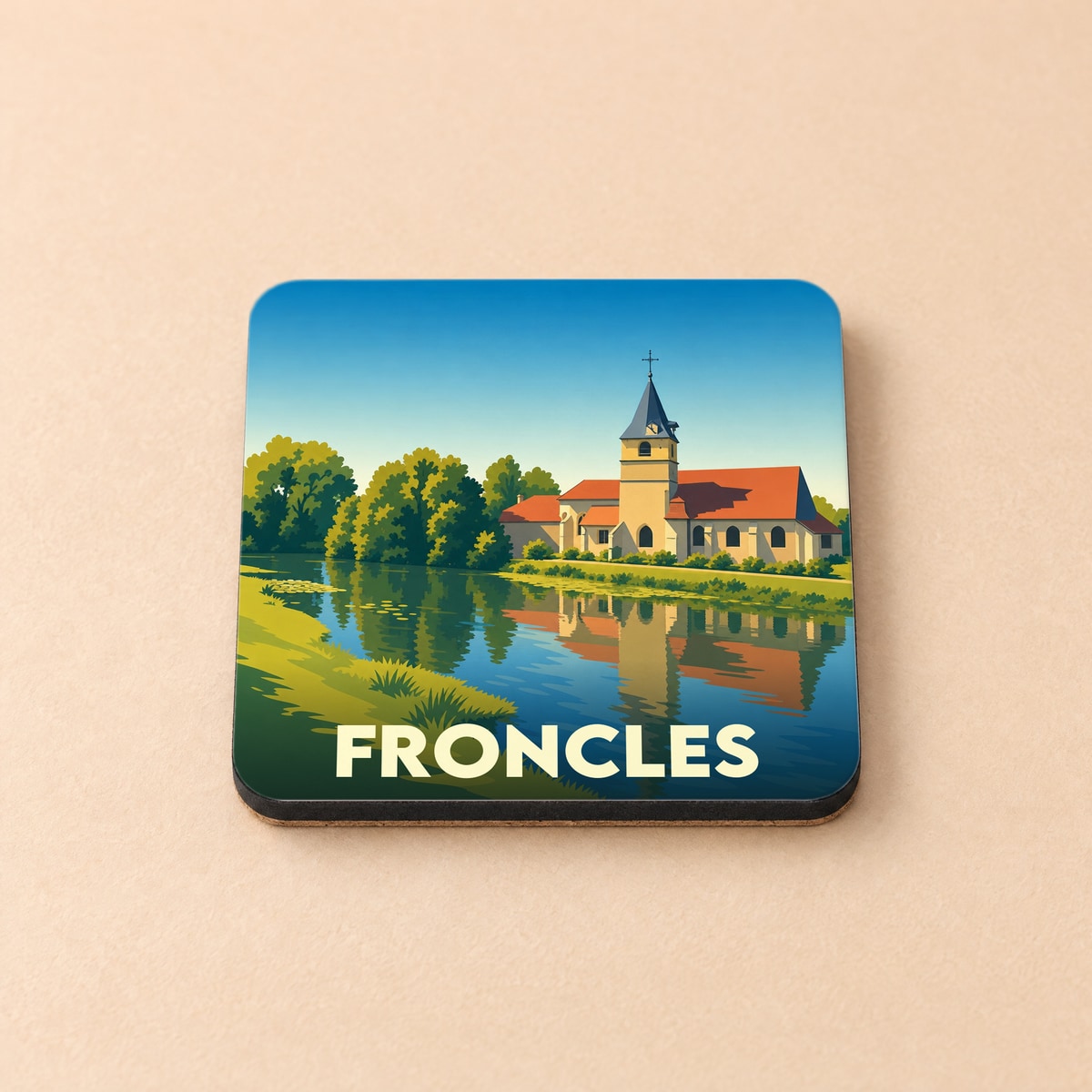 Dessous de verre souvenir de la ville de Froncles illustrant une église au bord de l'eau.