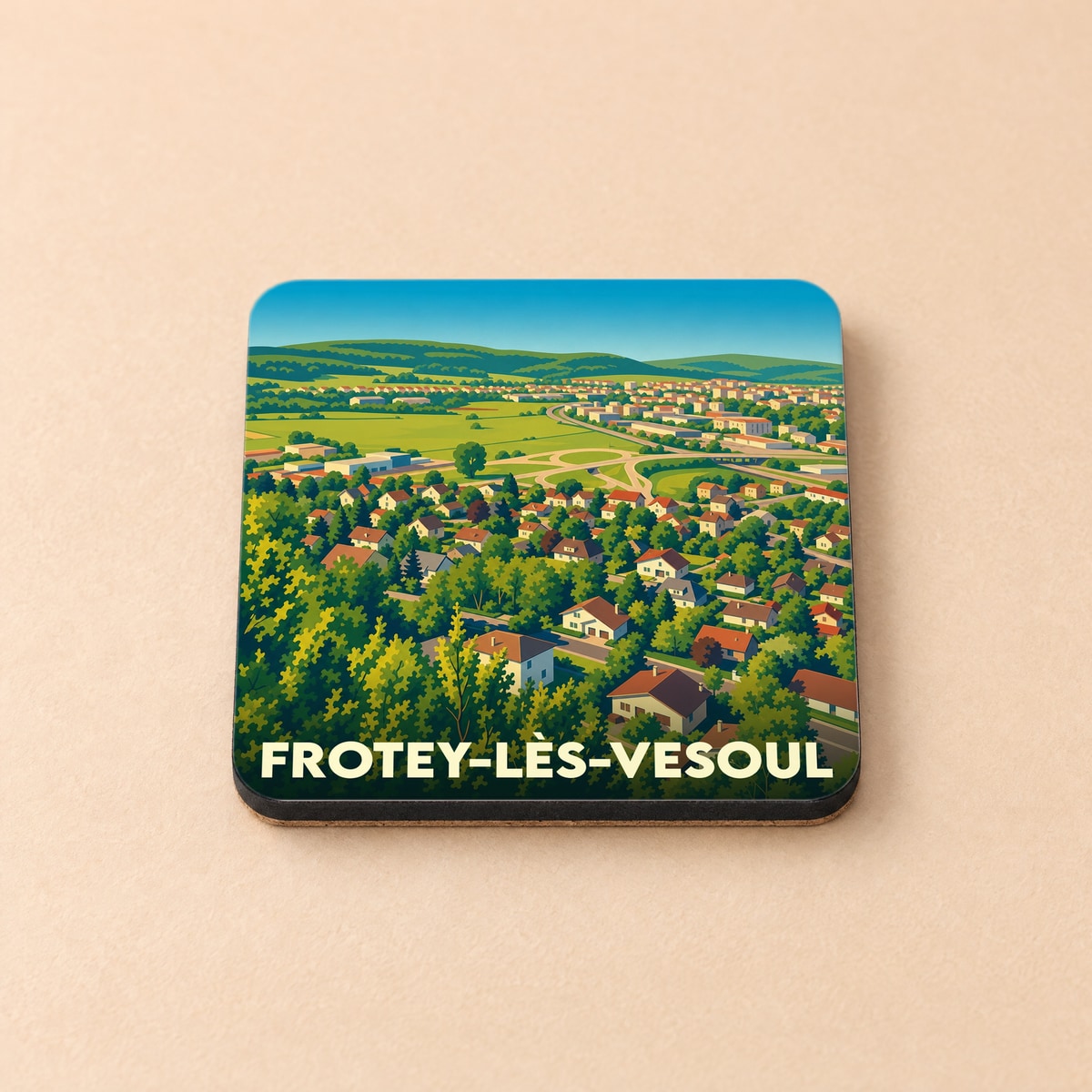Dessous de verre souvenir de la ville de Frotey-lès-Vesoul avec une illustration stylisée d'un paysage urbain verdoyant.