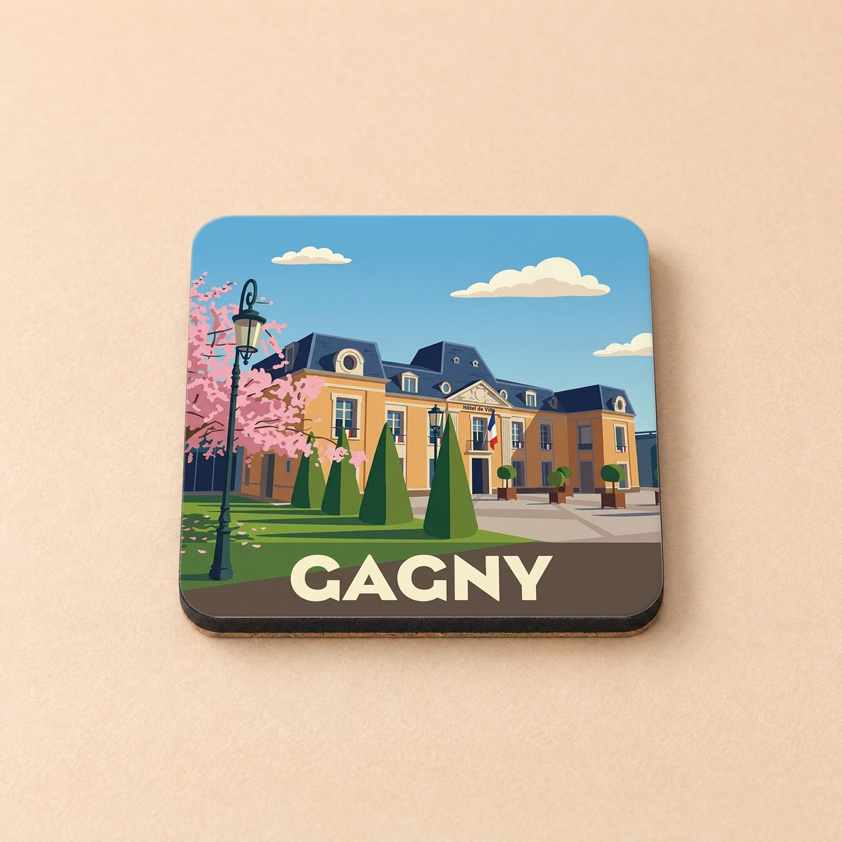 Dessous de verre souvenir de la ville de Gagny avec une illustration stylisée de l'Hôtel de Ville.