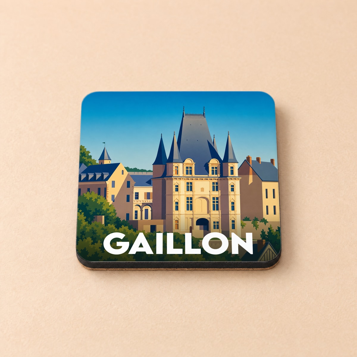 Dessous de verre souvenir de la ville de Gaillon avec une illustration stylisée du château local.