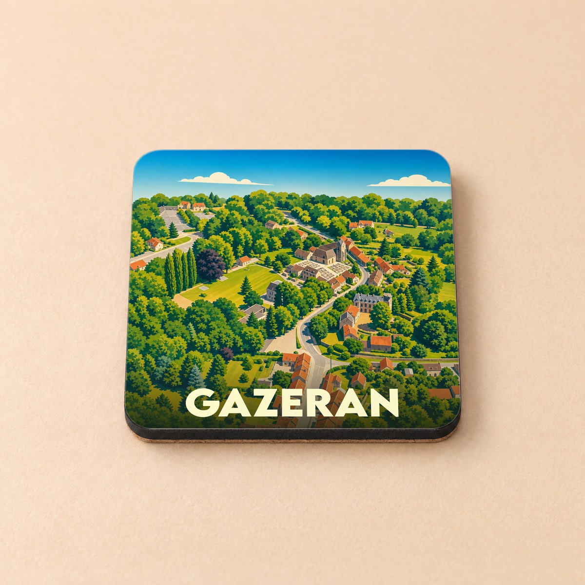 Dessous de verre souvenir de la ville de Gazeran avec une illustration aérienne colorée.