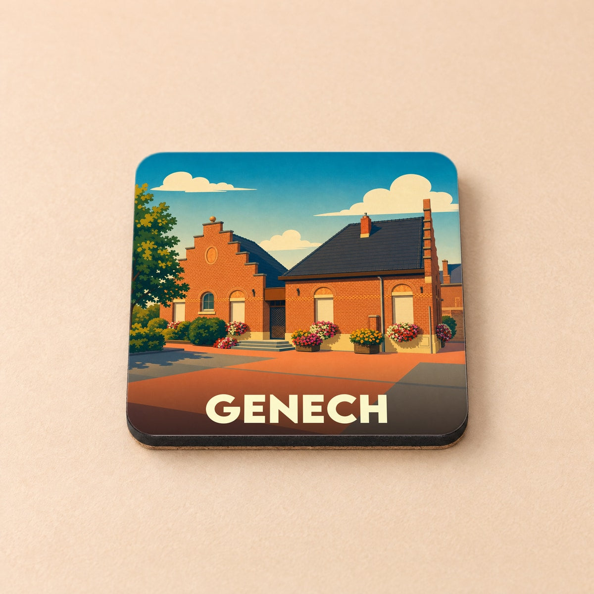 Dessous de verre souvenir de la ville de Genech avec une illustration stylisée.