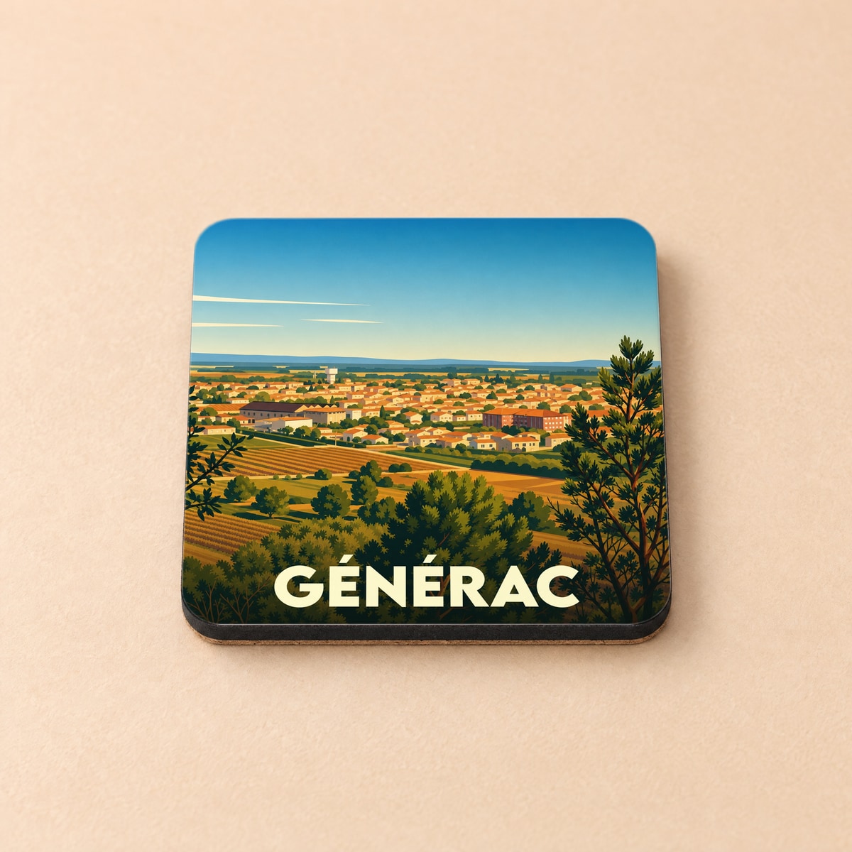 Dessous de verre souvenir de la ville de Générac avec une illustration stylisée de son paysage.
