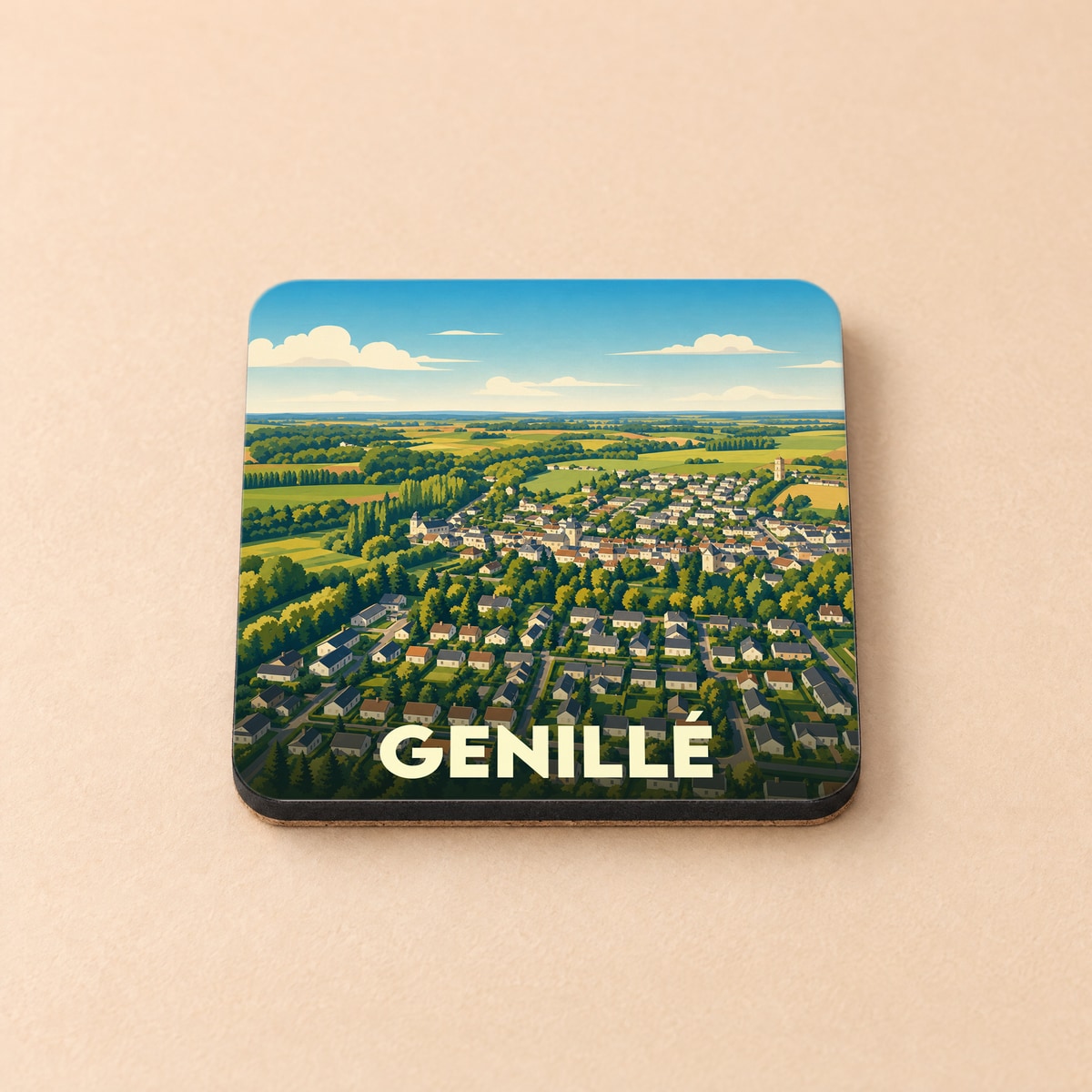Dessous de verre souvenir de la ville de Genillé avec une illustration stylisée d'une vue aérienne.