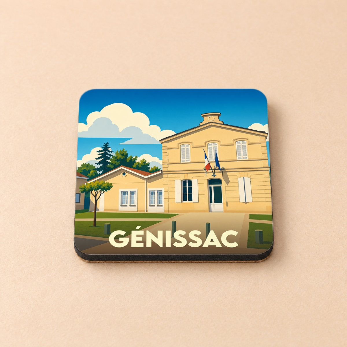 Dessous de verre souvenir de la ville de Génissac avec une illustration stylisée de sa mairie.