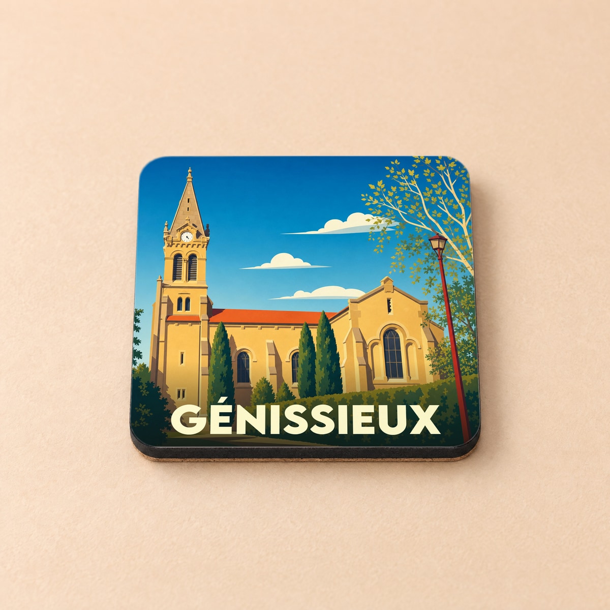 Dessous de verre souvenir de la ville de Génissieux arborant une illustration stylisée de son église.