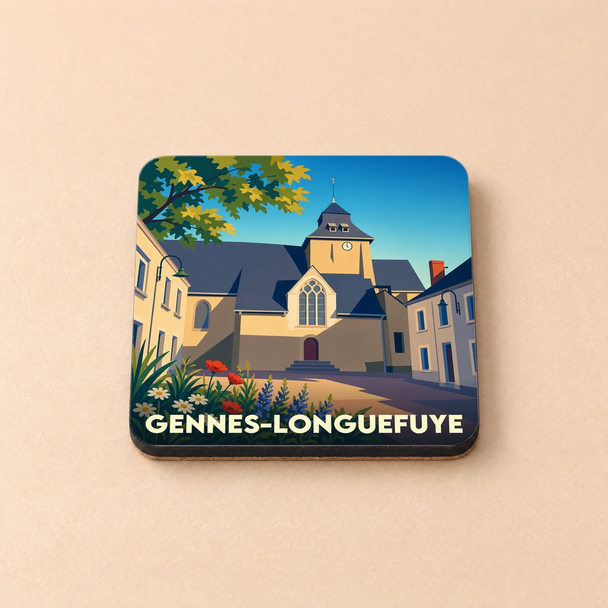 Dessous de verre souvenir de la ville de Gennes-Longuefuye avec une illustration stylisée de son église.