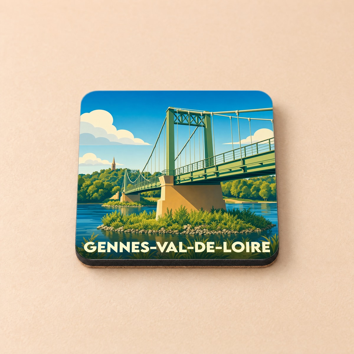 Dessous de verre souvenir de la ville de Gennes-Val-de-Loire avec une illustration stylisée de son pont suspendu.