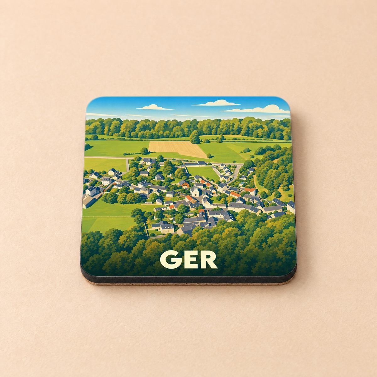 Dessous de verre souvenir de la ville de Ger avec une illustration stylisée d'un village entouré de verdure.