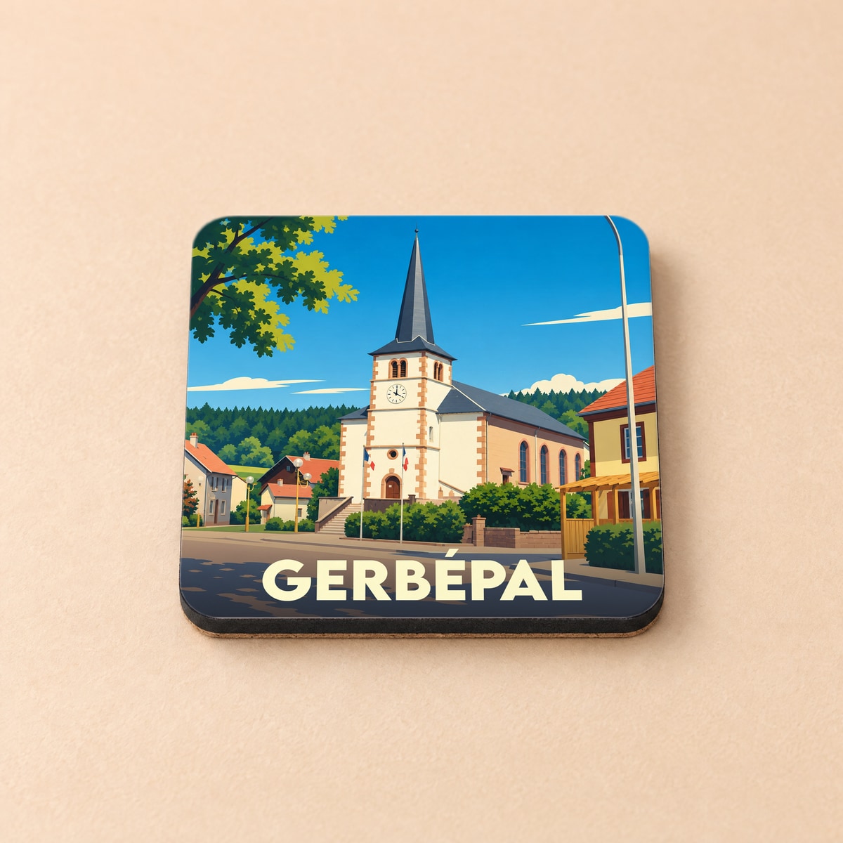 Dessous de verre souvenir de la ville de Gerbépal avec une illustration stylisée de son église.