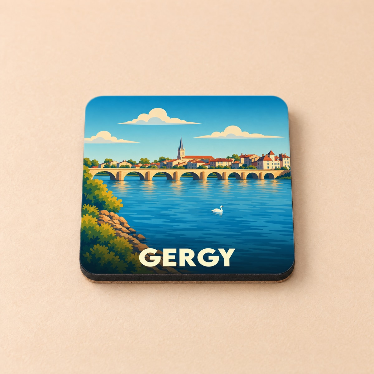 Dessous de verre souvenir de la ville de Gergy avec une illustration stylisée des bords de Saône.