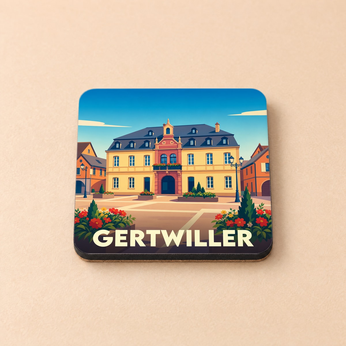 Dessous de verre souvenir de la ville de Gertwiller avec une illustration stylisée de sa mairie.