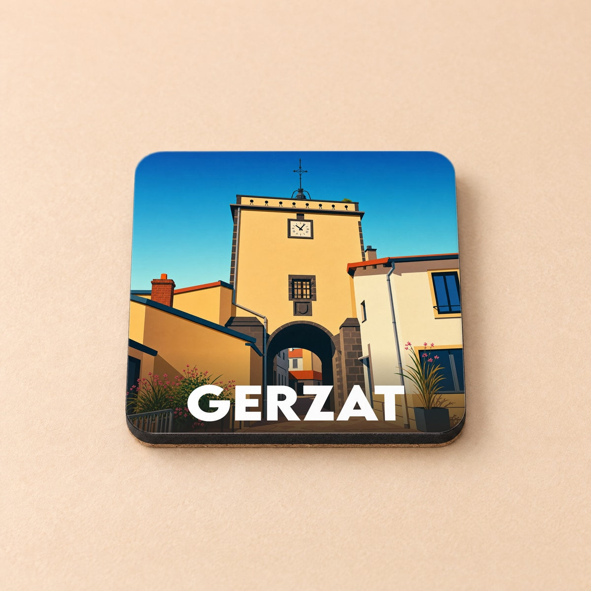 Dessous de verre souvenir de la ville de Gerzat illustrant sa porte fortifiée avec horloge dans un style graphique épuré.