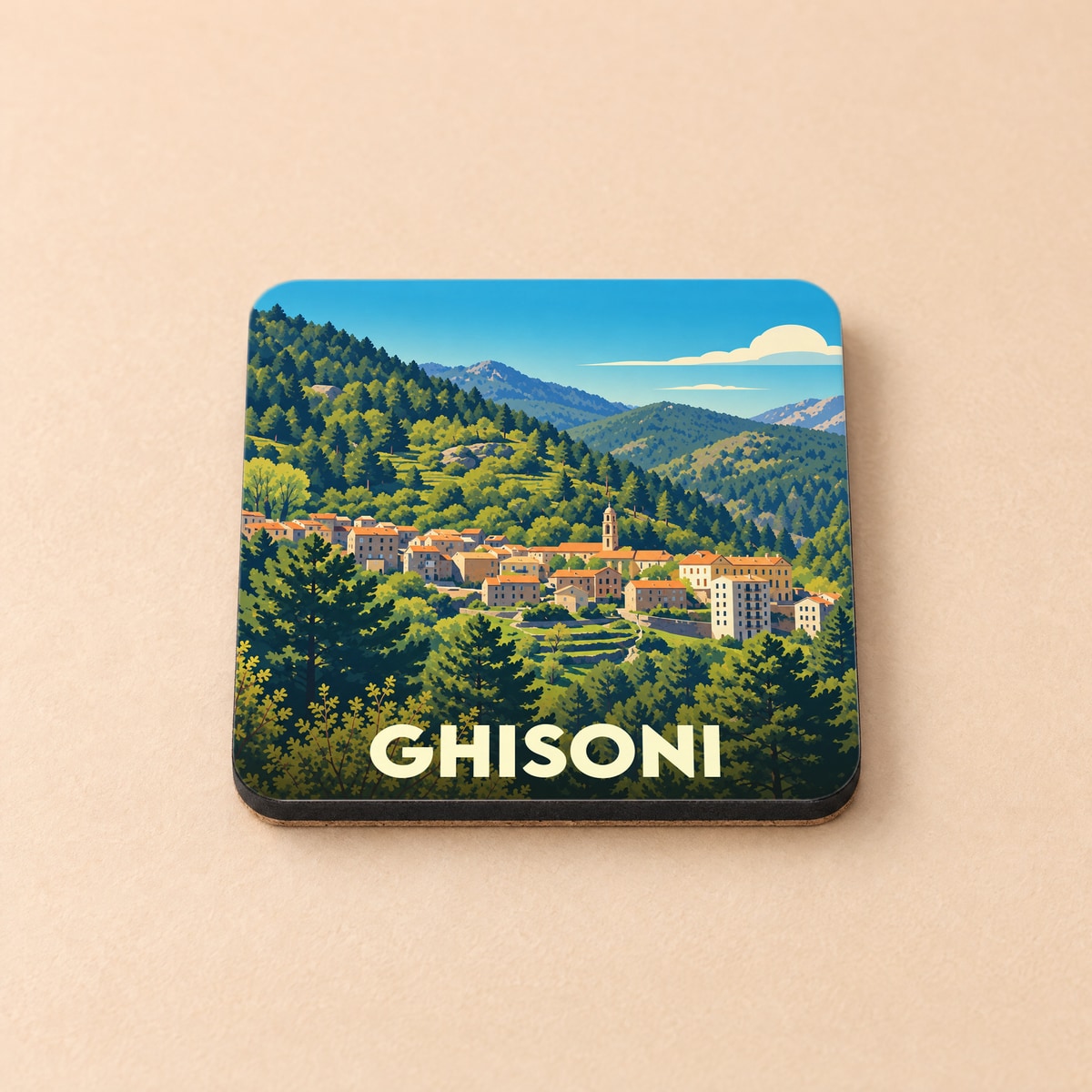Dessous de verre souvenir de la ville de Ghisoni illustrant son village niché dans les montagnes corses.