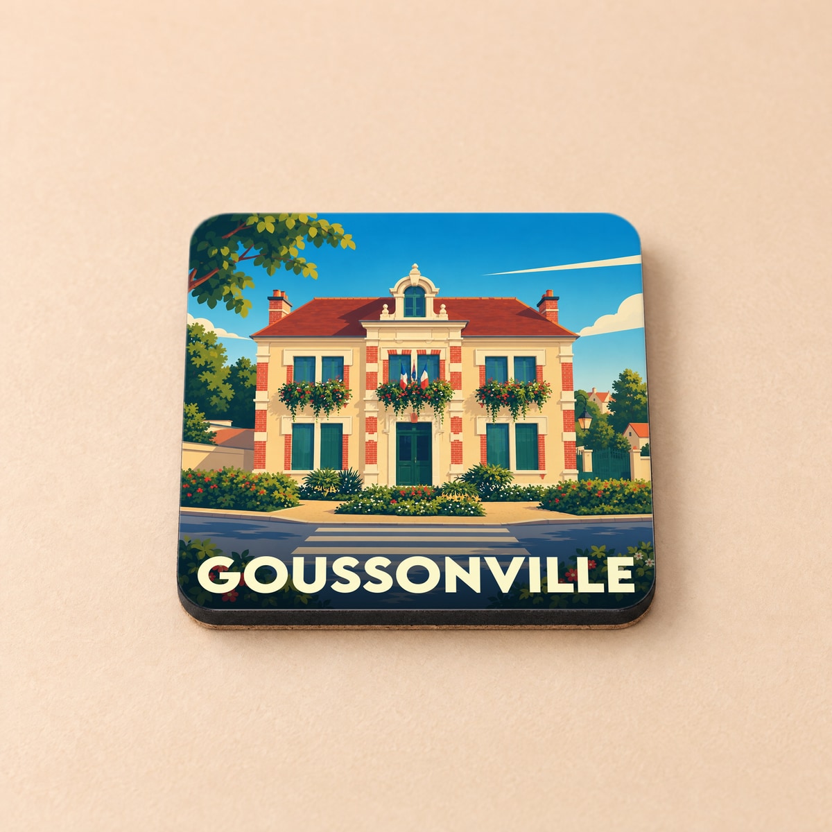 Dessous de verre souvenir de la ville de Goussonville avec une illustration stylisée d'un bâtiment typique.