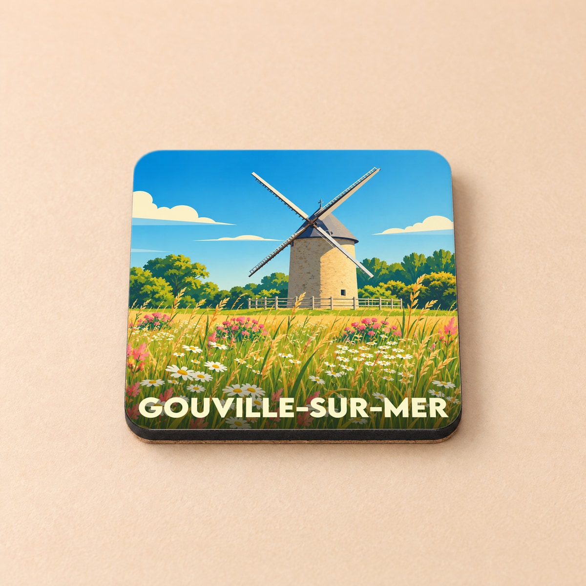Dessous de verre souvenir de la ville de Gouville-sur-Mer avec une illustration stylisée d'un moulin.