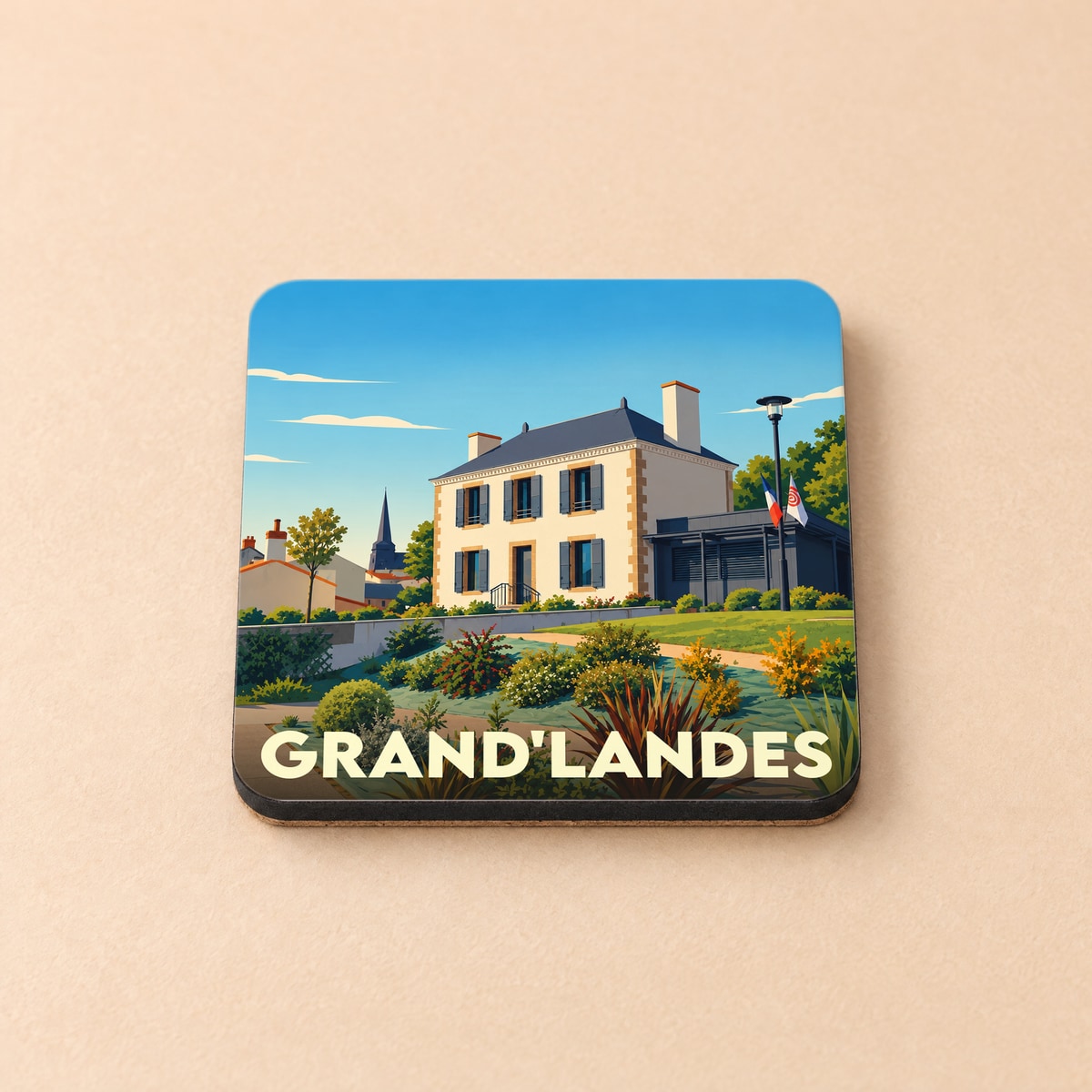 Dessous de verre souvenir de la ville de Grand'Landes avec une illustration stylisée d'une maison de bourg.