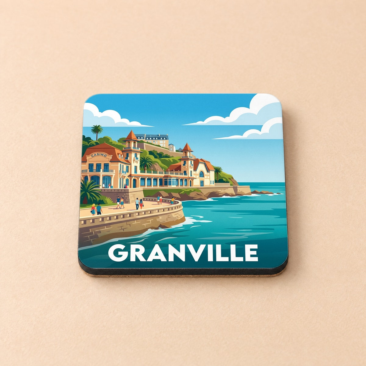 Dessous de verre souvenir de la ville de Granville avec une illustration stylisée de son front de mer.
