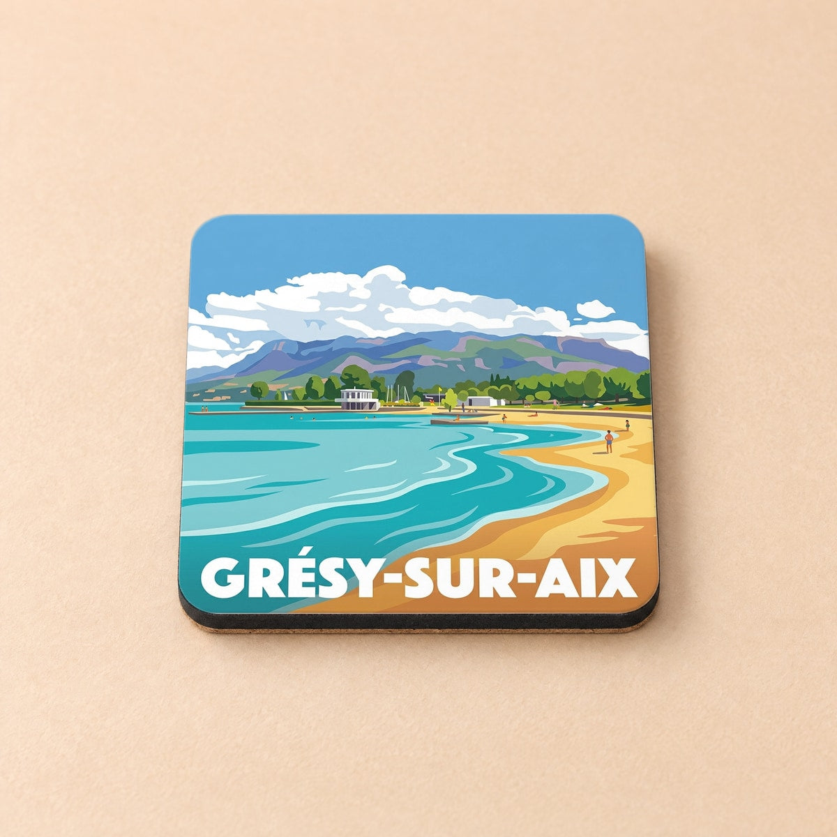 Dessous de verre souvenir de la ville de Grésy-sur-Aix avec une illustration stylisée de son paysage balnéaire.