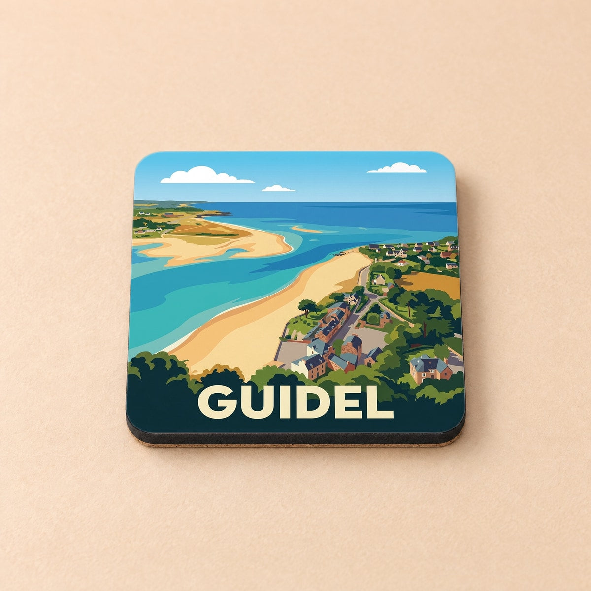 Dessous de verre souvenir de la ville de Guidel avec une illustration stylisée du littoral breton.