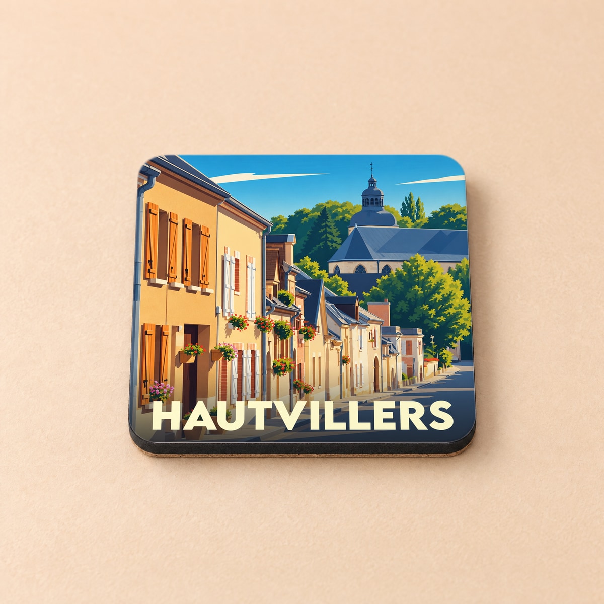 Dessous de verre souvenir de la ville de Hautvillers avec une illustration stylisée de ses rues et de son église.