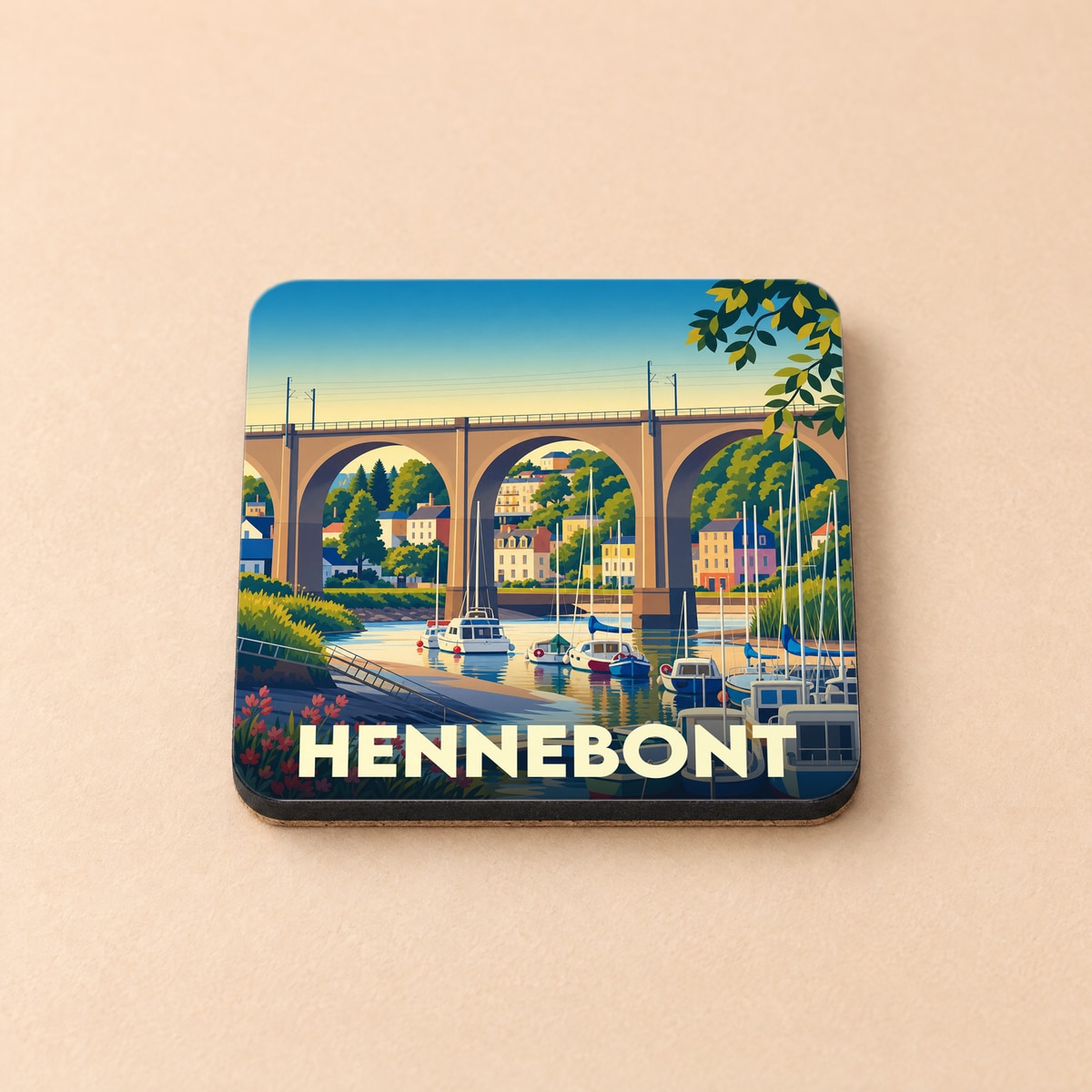 Dessous de verre souvenir de la ville de Hennebont avec une illustration stylisée de son viaduc et de son port.