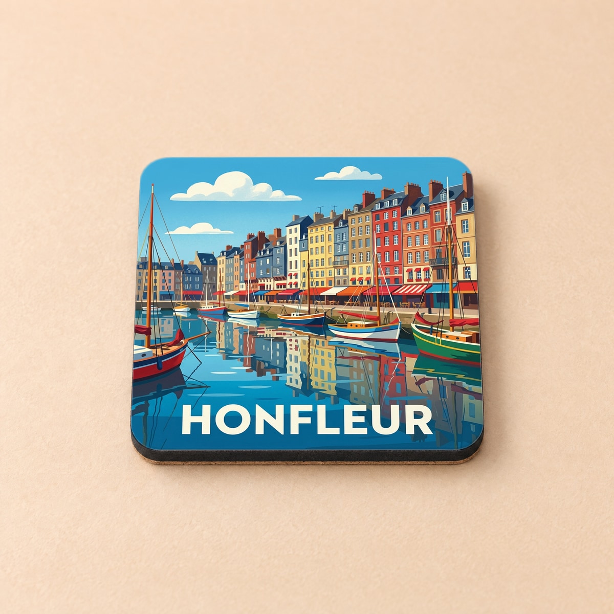 Dessous de verre souvenir de la ville de Honfleur avec une illustration stylisée de son vieux port et de ses maisons colorées.