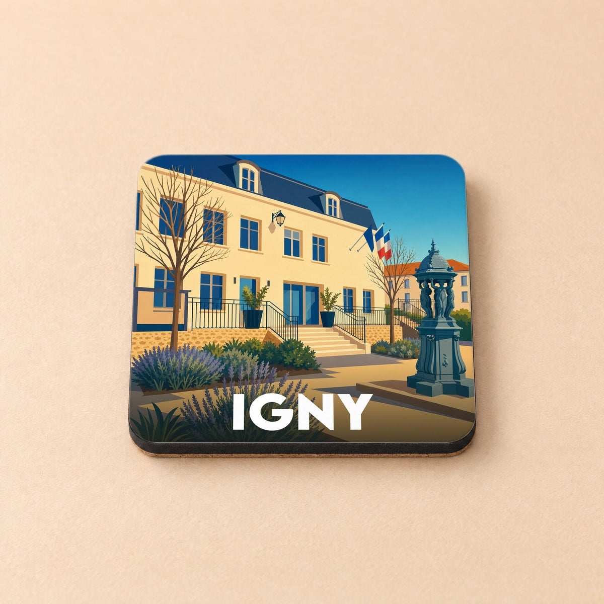 Dessous de verre souvenir de la ville d'Igny avec une illustration stylisée de la mairie.