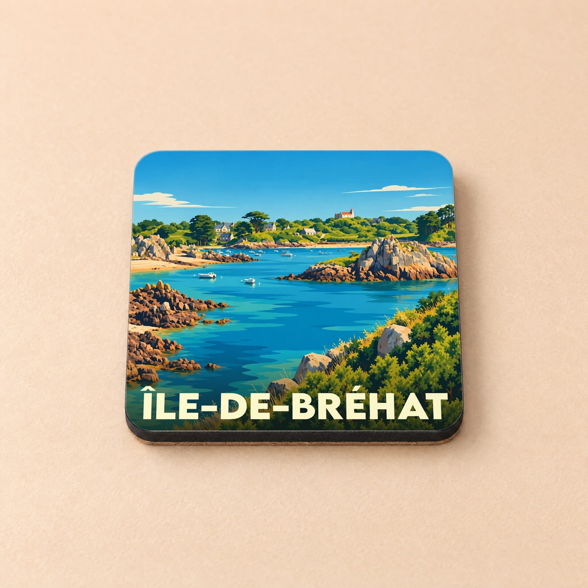Dessous de verre souvenir de l'Île-de-Bréhat avec une illustration stylisée de son paysage côtier.